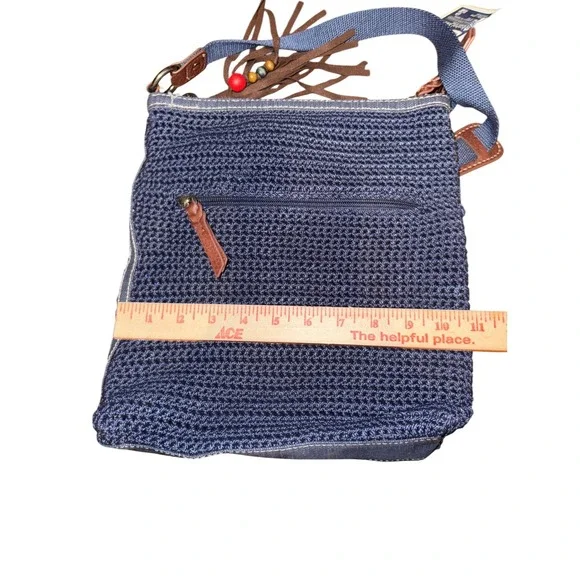 The Sak Crossbody Navy Blue Crochet Tassel Charm Zipper Pocket Bag Purse - Picture 8 of 12